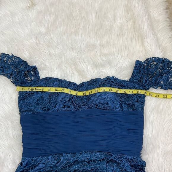 Julie Polanco Blue Floral Lace Off Shoulder Sweetheart Neck Evening Maxi Gown M - Picture 10 of 11